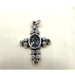 Silver Tone Cross Pendant With Blue & Clear Gemstones